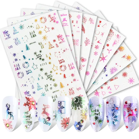 3D Embossed Christmas Nail Stickers White Holographic Gold Snowflake Reindeer Winter Holiday Nail Art Decals For Women DIY Manicure