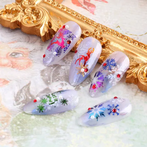 3D Embossed Christmas Nail Stickers White Holographic Gold Snowflake Reindeer Winter Holiday Nail Art Decals For Women DIY Manicure