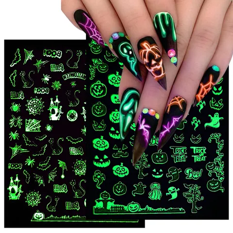 Pegatinas de Arte de Uñas de Halloween Luminosas 3D Autoadhesivas Brilla en la Oscuridad Calabaza Fantasma Diseño para Fiesta