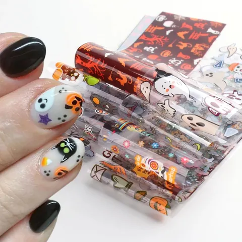 Autocollants Ongles Halloween Motif Citrouille Fantôme Crâne Chauve-souris Feuilles Transfert Décoration Fête Femme