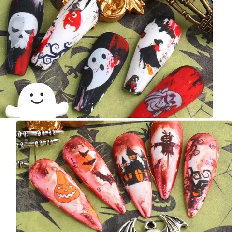 Autocollants Ongles Halloween Motif Citrouille Fantôme Crâne Chauve-souris Feuilles Transfert Décoration Fête Femme