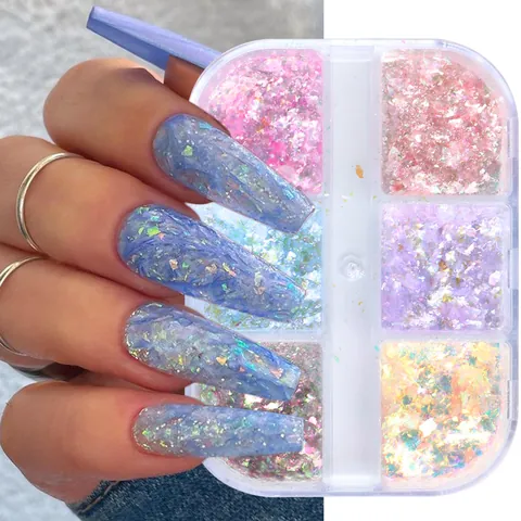 6 Fächer Aurora Opal Nagel Puder Irisierend Unregelmäßige Pailletten PET Scherben Nagelkunst Dekoration Für DIY Maniküre Damen Schmuck