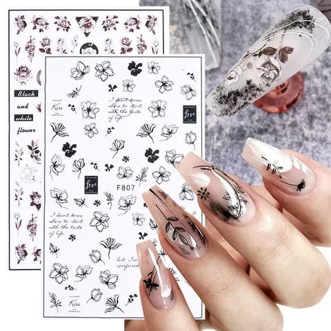 Adesivi per Nail Art Autoadesivi Nero Bianco Floreale Rosa Gotico Farfalla Foglia Disegni Fai da Te Decorazione Manicure Donna