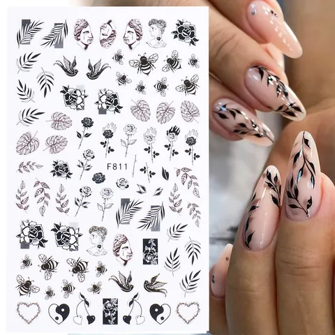 Adesivi per Nail Art Autoadesivi Nero Bianco Floreale Rosa Gotico Farfalla Foglia Disegni Fai da Te Decorazione Manicure Donna