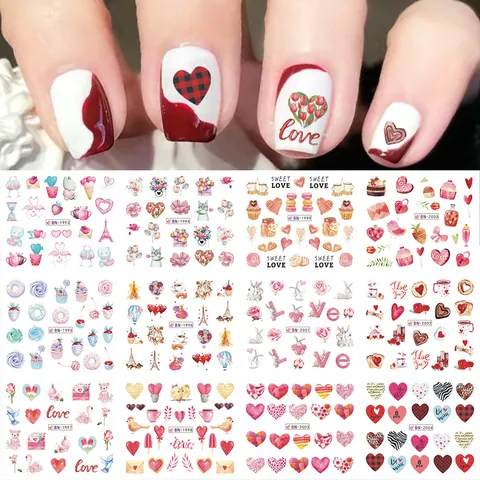 Valentine's Day Nail Art Stickers Heart Lip Print Letter Designs Water Transfer Decals For Women DIY Manicure Decoration Variety Patterns
