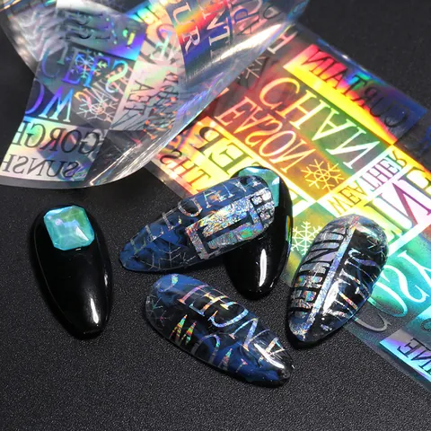 Autocollants de Transfert de Feuilles à Ongles Laser Holographiques Design de Cœurs Géométriques et Fleurs Accessoires de Manucure DIY pour Femmes