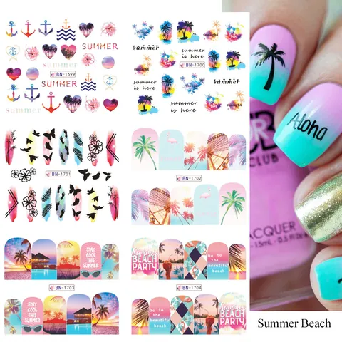 Tropical Summer Fruits Coconut Tree Water Transfer Nail Art Stickers Halloween Hearts Floral Manicure Decoration For Women Nail Decals
