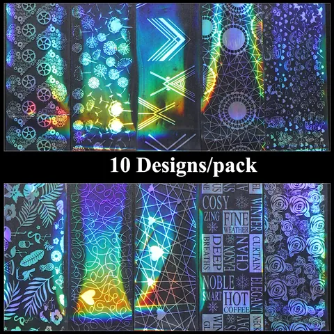 Autocollants de Transfert de Feuilles à Ongles Laser Holographiques Design de Cœurs Géométriques et Fleurs Accessoires de Manucure DIY pour Femmes