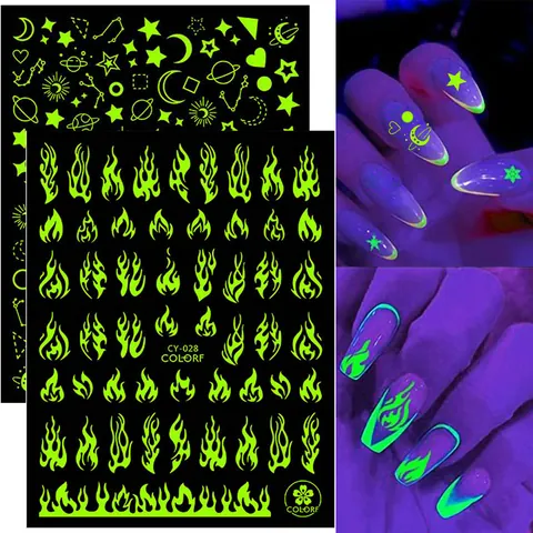 Luminous Nail Stickers Glow In The Dark Flame Butterfly Rose Star Moon Zodiac Self Adhesive 3D Nail Art Decals For Women Party