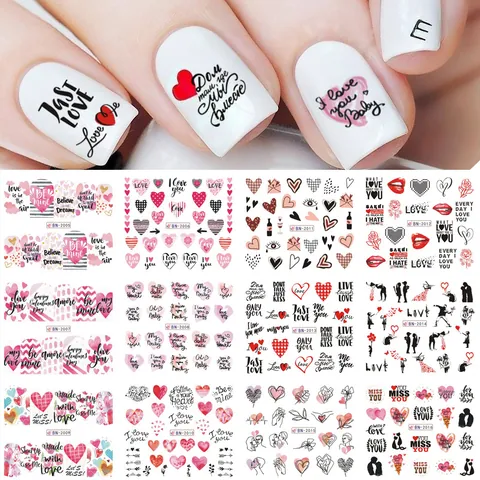 Valentinstag Nagelkunst Wassertransfer Aufkleber Herz Rose Lippendruck Buchstaben Design Für Damen DIY Nageldekoration