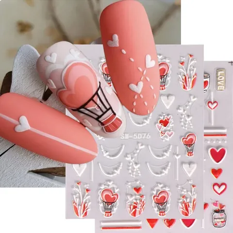 5D Embossed Valentine's Day Nail Stickers Heart Bow Knot Hot Air Balloon 3D Relief Self-Adhesive Nail Art Decals Women DIY Decoration Accessories