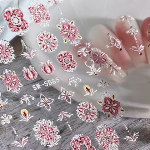 5D Embossed Nail Stickers Vintage Luxury Lace Floral Totem Mandala Designs 3D Self Adhesive Nail Art Decals For Women Decoration