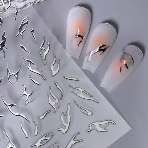 Y2K Millennial Flüssigmetall Silber Flamme Nagelkunst Aufkleber Stammes Totem Wasserdicht Selbstklebend Damen DIY Maniküre Dekoration