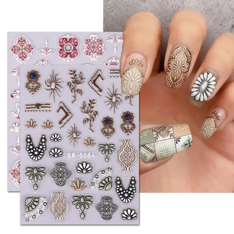 5D Embossed Nail Stickers Vintage Luxury Lace Floral Totem Mandala Designs 3D Self Adhesive Nail Art Decals For Women Decoration