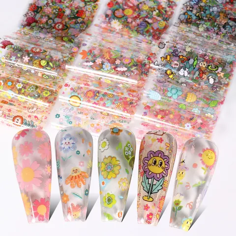 Autocollants de Nail Art Fleurs d'Été et Animaux de Dessins Animés Feuille de Transfert Ciel Étoilé Décoration DIY Femme