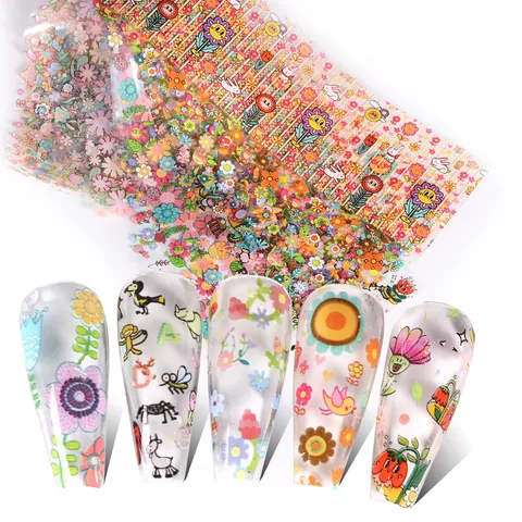 Autocollants de Nail Art Fleurs d'Été et Animaux de Dessins Animés Feuille de Transfert Ciel Étoilé Décoration DIY Femme