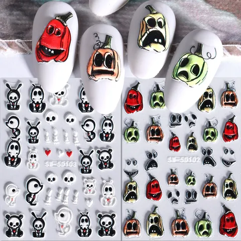 Halloween 5D Embossed Nail Art Stickers Cartoon Skull Pumpkin Ghost Face Self Adhesive Relief Nail Decals For Festive DIY