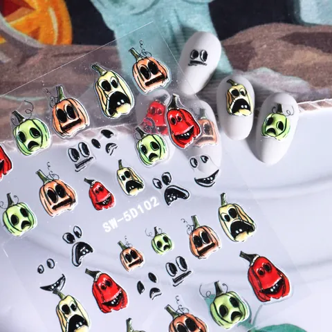 Halloween 5D Embossed Nail Art Stickers Cartoon Skull Pumpkin Ghost Face Self Adhesive Relief Nail Decals For Festive DIY