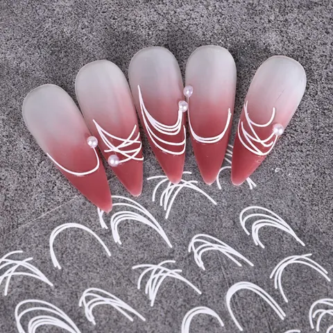 3D Embossed Minimalist Line Nail Stickers White Silver Curve Wave Smile Face DIY Manicure Decals For Women Beauty Supplies