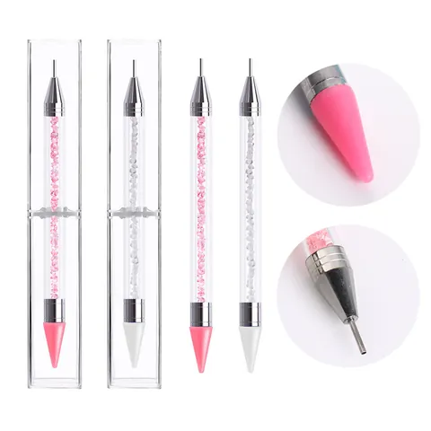 Stylo De Pointillage Nail Art À Double Extrémité Pointe En Cire Manche En Cristal Acrylique Stylo En Acier Inoxydable Avec Boîte