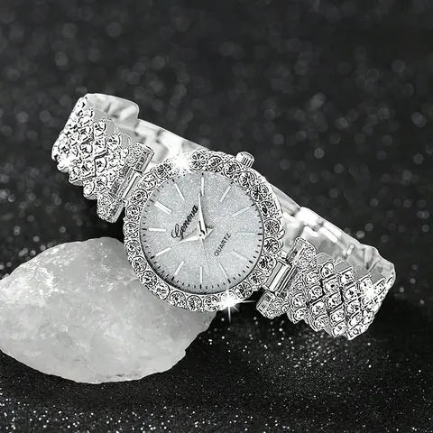 Geneva Damen Silber Quarz Uhren Set Luxuriöse Legierung Strass Armband Herz Anhänger Halskette Ohrringe Ring Mode Schmuck Set