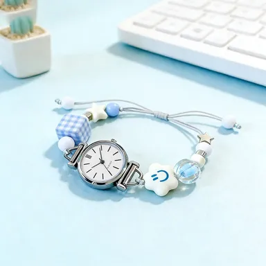 Women Fresh Beaded Bracelet Watch Cute Smile Star Charms Drawstring Adjustable Quartz Wristwatch Fashion Jewelry Watch