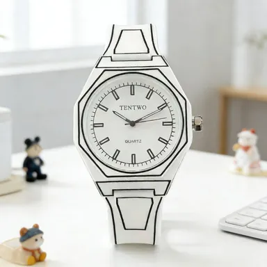 2D Cartoon Style Quartz Watch For Men Women Trendy Manga Artistic Design Octagonal Alloy Case Silicone Strap Casual Wristwatch