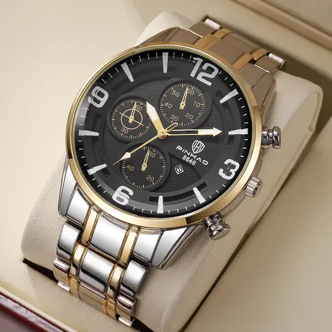 Reloj de Cuarzo para Hombre Negocios Moda Correa Aleación Impermeable Fecha Luminosa Esfera Grande Reloj Pulsera PINHAO 8646
