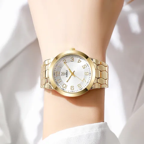 Orologio da Donna al Quarzo Numeri Arabi Cinturino in Lega a Nido d'Ape Lussuoso Orologio in Metallo Oro Regalo per Donna