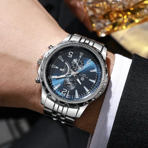 Men Business Multi-Functional Chronograph Watch Stainless Steel Strap Large Dial Waterproof Calendar Quartz Wristwatch