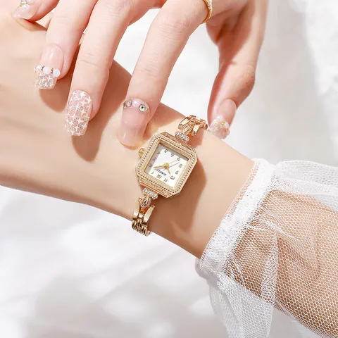 Vintage Square Quartz Watch For Women Elegant Gold Alloy Rhinestone Chain Bracelet Watch Small Dial Luxury Wristwatch