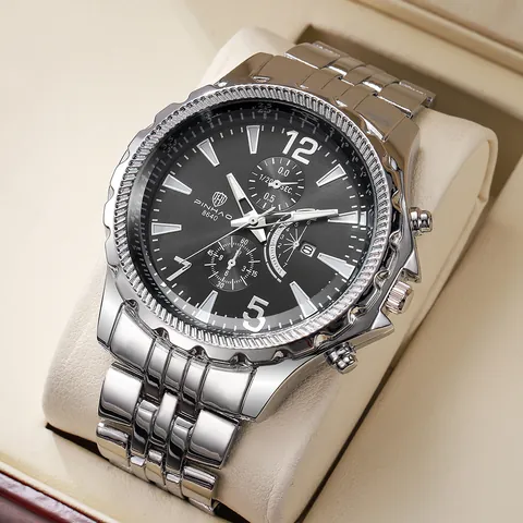 Men Business Multi-Functional Chronograph Watch Stainless Steel Strap Large Dial Waterproof Calendar Quartz Wristwatch
