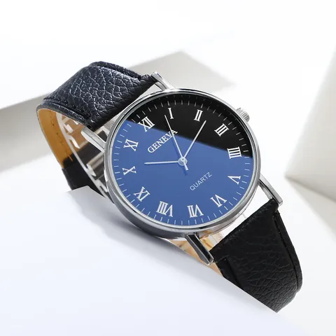 Geneva Men's Business Casual Quartz Watch With Roman Numerals Alloy Case Litchi Texture Leather Strap Gradient Dial Wristwatch