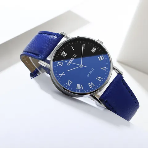 Geneva Men's Business Casual Quartz Watch With Roman Numerals Alloy Case Litchi Texture Leather Strap Gradient Dial Wristwatch