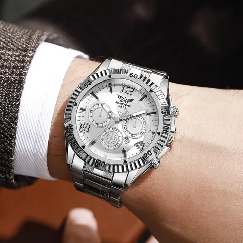 Men Business Quartz Watch Alloy Case Stainless Steel Strap Round Large Dial Classic Analog Calendar Wristwatch