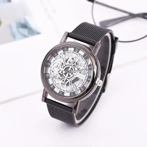Fashion Hollow Design Quartz Watch For Men And Women Roman Numerals Mesh Pattern Strap Casual Decorative Analog Wristwatch