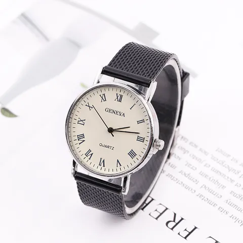 Fashion Men's Quartz Watch Round Alloy Case Roman Numerals Dial Plastic Stainless Steel Mesh Strap Casual Business Wristwatch