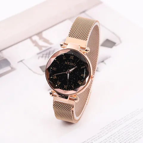 Fashion Women Starry Sky Quartz Watch With Magnetic Milanese Mesh Strap Roman Numerals Dial Faceted Glass Wristwatch Lady