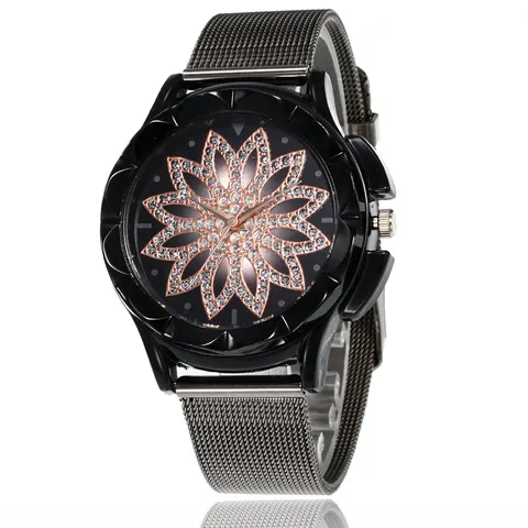 Women's Fashion Quartz Watch Alloy Mesh Band Rhinestone Floral Dial Faceted Bezel Elegant Ladies Casual Wristwatch Black
