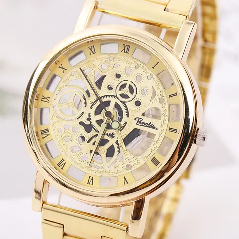 Orologio al Quarzo Scheletro Casual da Uomo Numeri Romani Quadrante Cavo Bracciale in Lega Metallica Orologio alla Moda Regalo