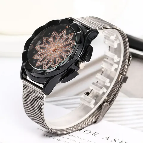 Women's Fashion Quartz Watch Alloy Mesh Band Rhinestone Floral Dial Faceted Bezel Elegant Ladies Casual Wristwatch Black