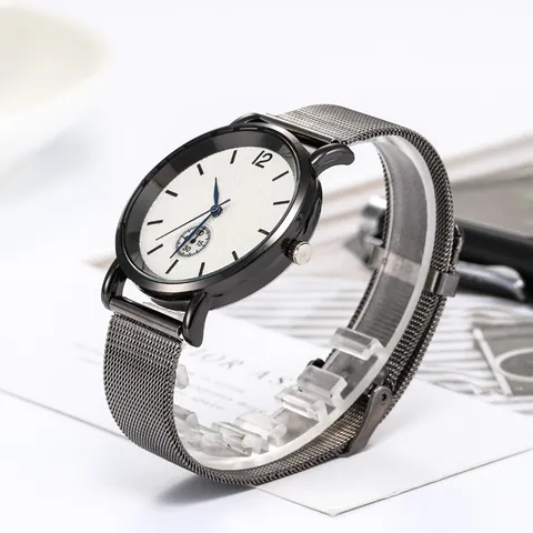 Fashion Unisex Quartz Watch Minimalist Alloy Mesh Band Round Dial Blue Pointer Casual Wristwatch For Students Business Office Wear