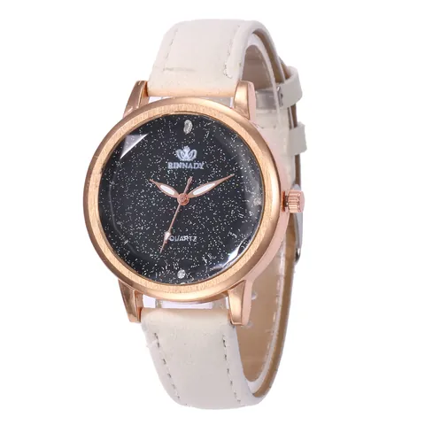 Vrouwen Mode Sterrenhemel Quartz Horloge Met Kunstlederen Band Rose Goud Legering Kast Vintage Minimalistisch Casual Polshorloge