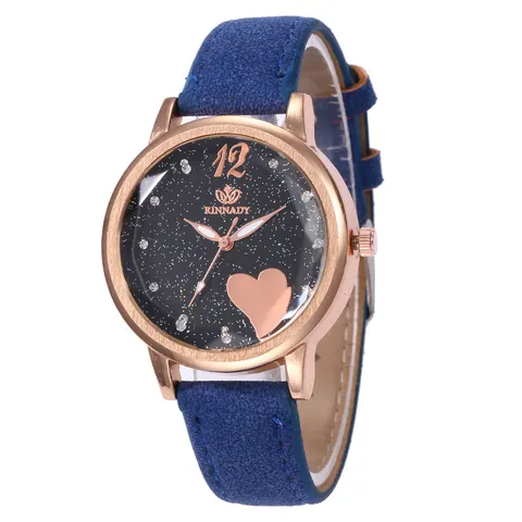 Dames Mode Sterrenhemel Horloge Hart Strass Rose Goud Legering Kast Kunstleer Band Casual Quartz Analoog Polshorloge