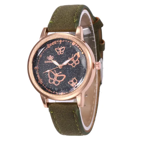Women Fashion Quartz Watch Starry Sky Dial Butterfly Pattern Rose Gold Alloy Case Faux Leather Strap Casual Wristwatch