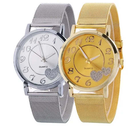 Fashion Women Heart Pattern Dial Quartz Watch Alloy Milanese Mesh Band Gold Silver Ladies Elegant Analog Wristwatch