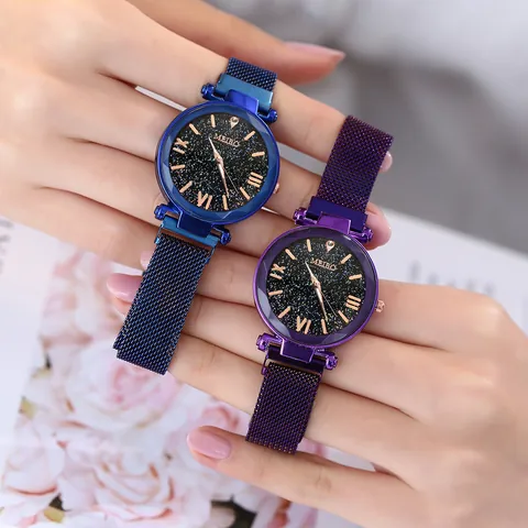 Women Fashion Starry Sky Quartz Watch With Roman Numerals Magnetic Alloy Mesh Strap Elegant Ladies Wristwatch Jewelry