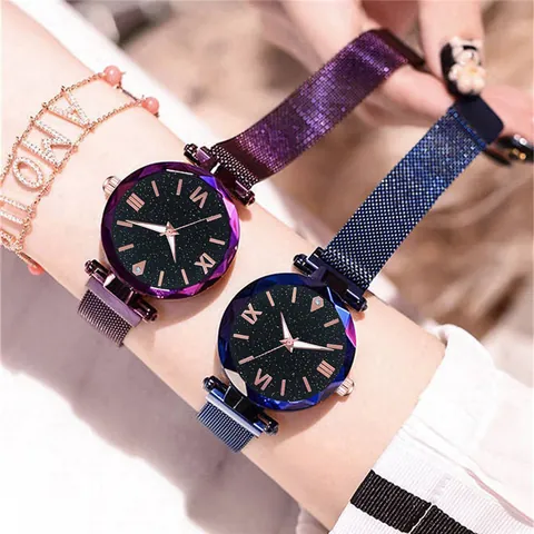 Fashion Starry Sky Watch Women Elegant Diamond Cut Glass Dial Milanese Mesh Band Alloy Magnetic Quartz Wristwatch Jewelry Gift