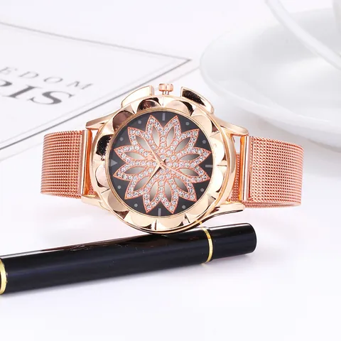 Orologio al Quarzo da Donna con Quadrante a Fiori Cinturino in Lega a Rete Lusso Design Floreale in Strass Orologio da Polso Analogico Rotondo Regalo Casual
