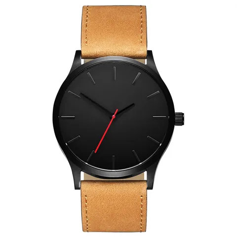 Minimalist Men Quartz Watch Alloy Case Frosted Faux Leather Strap Red Second Hand Large Dial Business Casual Wristwatch